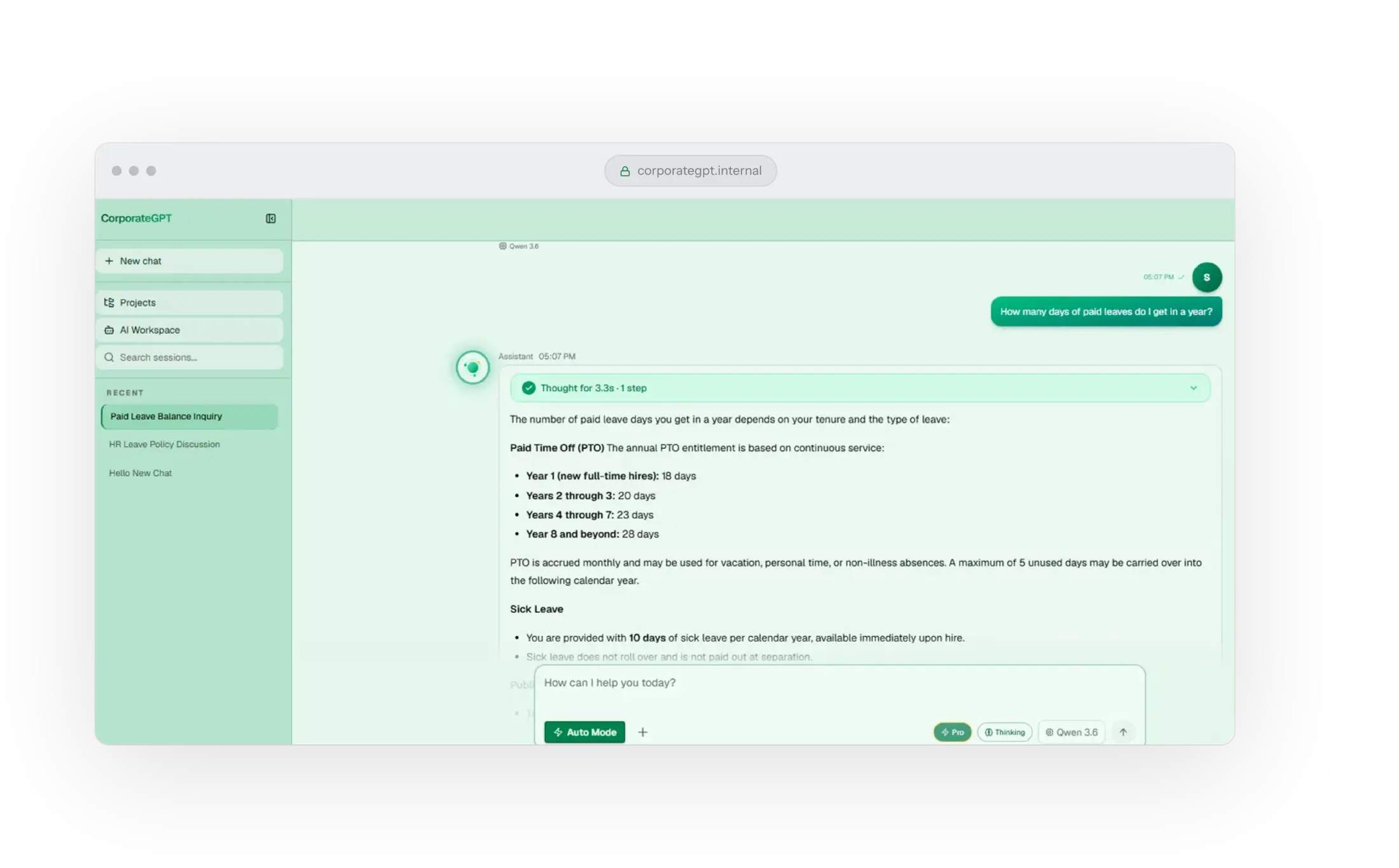 Just ask, in plain English. Corporate GPT product interface